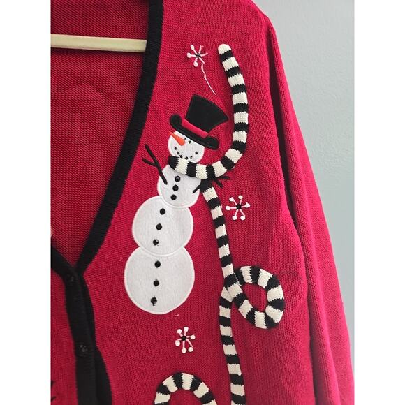 Mandal Bay Red Snowman Christmas Beaded Knit Cardigan Sweater Womans Size XL - Picture 3 of 6